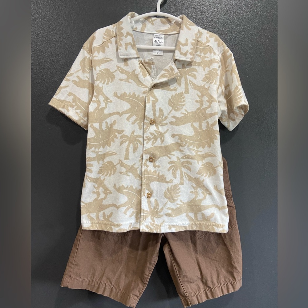Carter's Cream and Tan Dinosaur Button Down Shirt with Matching Shorts
